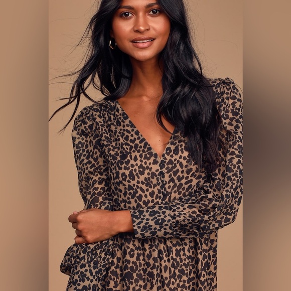 Lulus Rock It Out Brown and Black Leopard Print Babydoll Dress size Medium - Picture 12 of 13